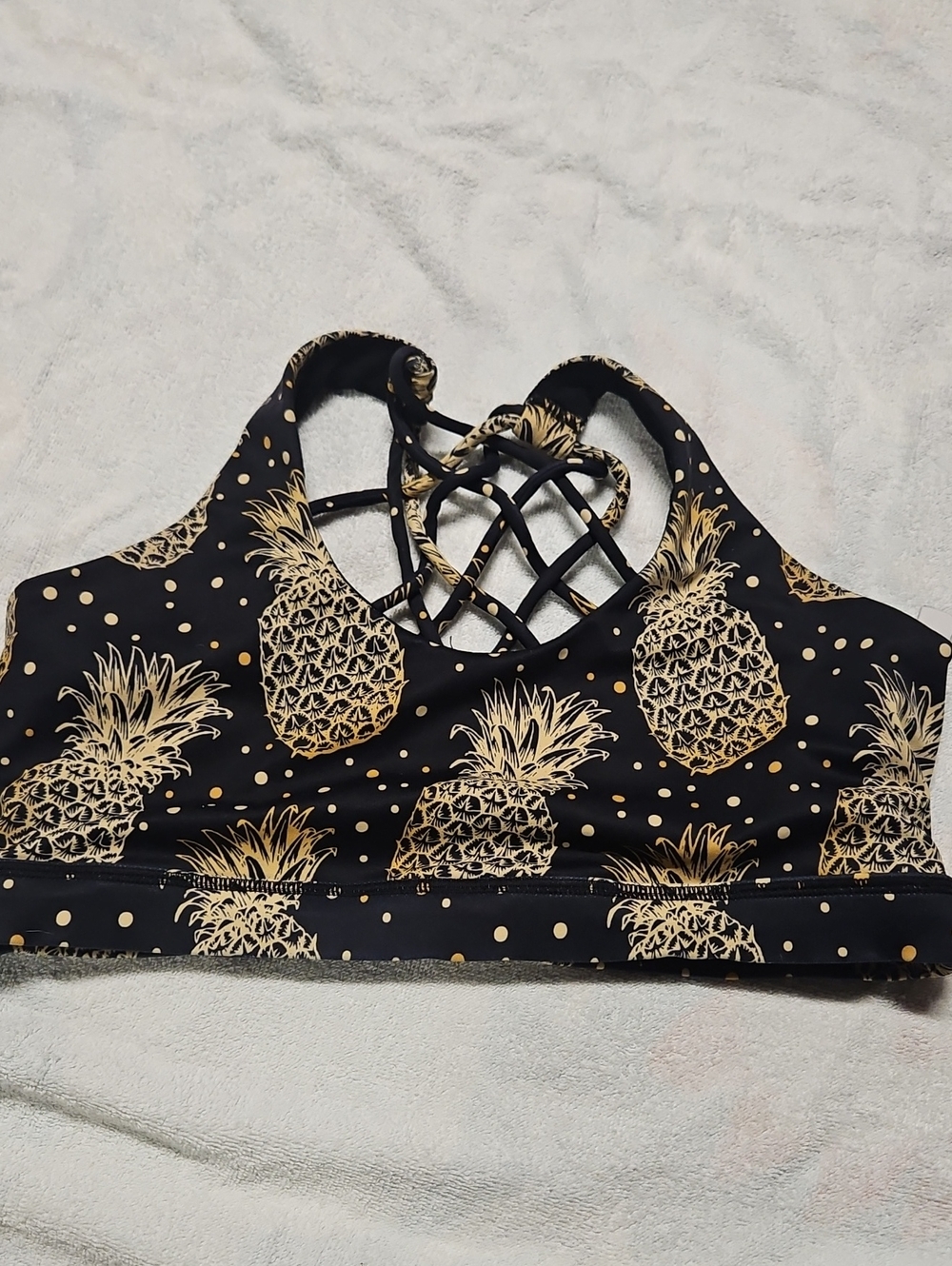 Constantly Varied Gear Black and Gold Pineapple Crisscross Sports Bra